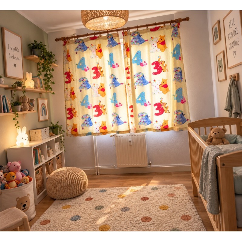 2 rideaux d'occasions + 1 banderole décorative assortie Winnie l'ourson et ses amis
